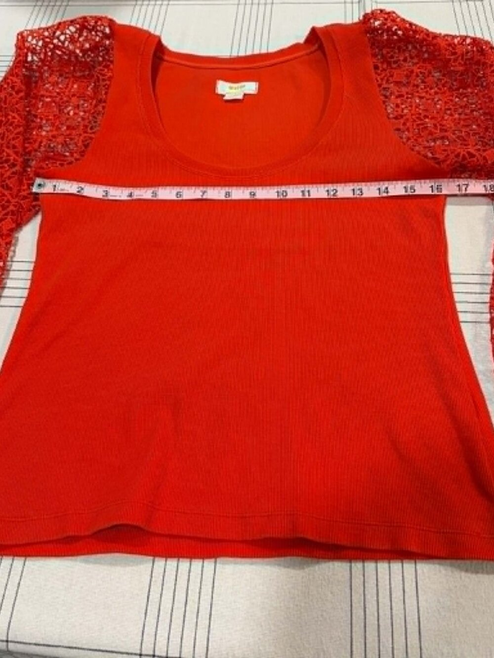 Maeve by Anthropologie Red Crochet Lace Balloon Sleeve Ribbed Top M - Picture 6 of 10